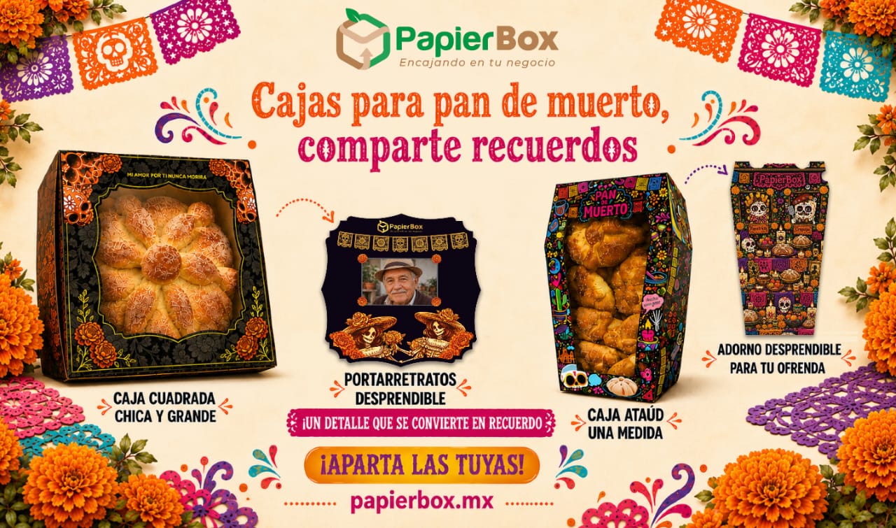 Cajas para pan de muerto PapierBox: caja cuadrada chica y grande, portarretratos desprendible y caja ataúd, con motivos de Día de Muertos
